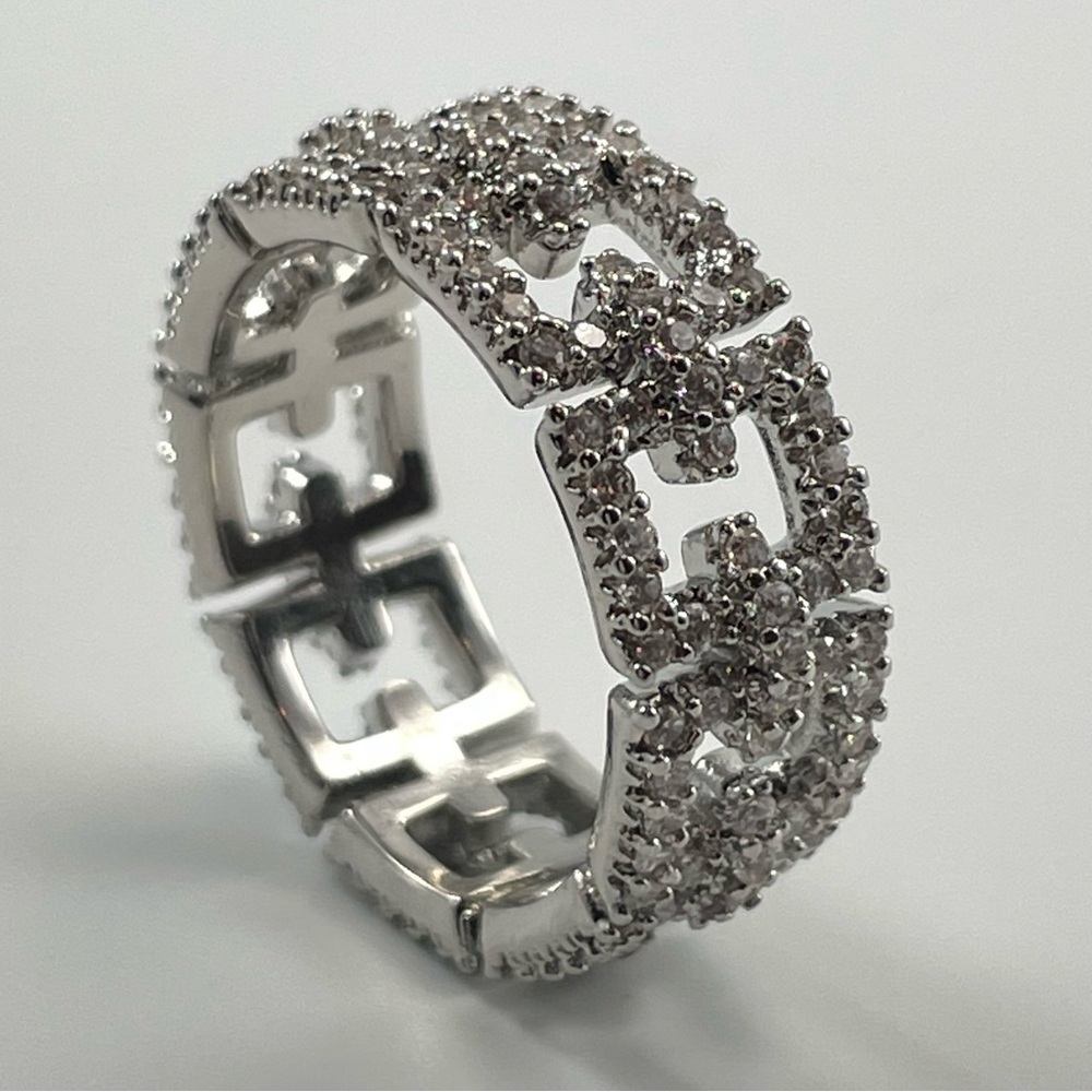 Beautiful Statement Trendy Wide Band Chain White Diamond CZ Silver Plated Ring